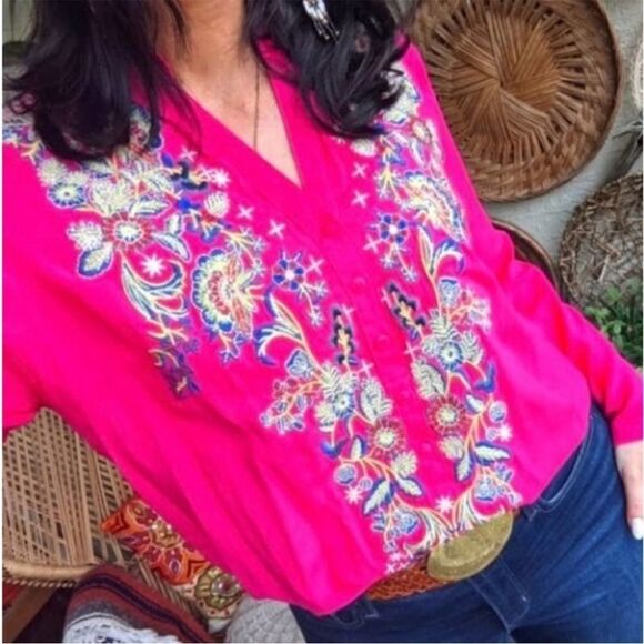 Anthropologie Tops - Anthropologie Luna Moon Pink Embroidered Tunic Top Sz. S